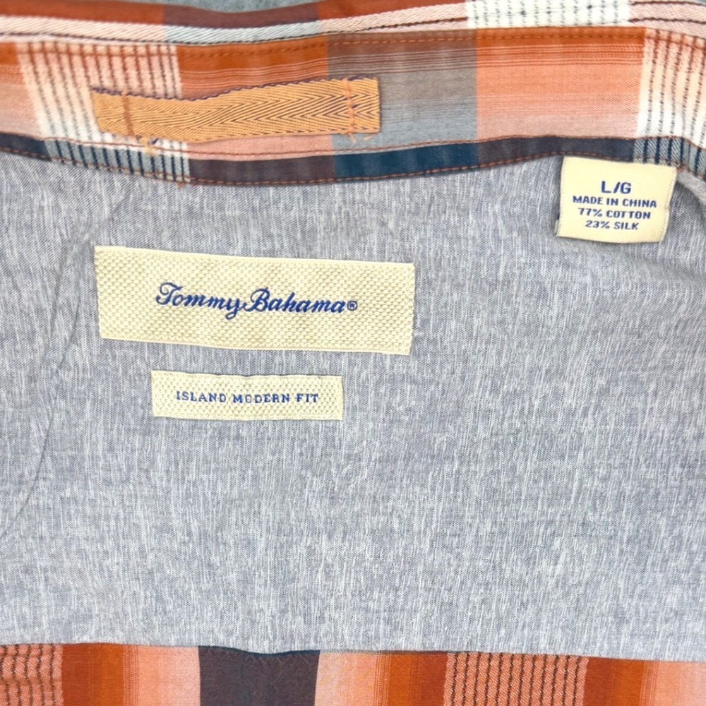 Tommy Bahama Mens Plaid Button Down Shirt Orange Blue Silk Blend Large T37816 - Picture 3 of 9